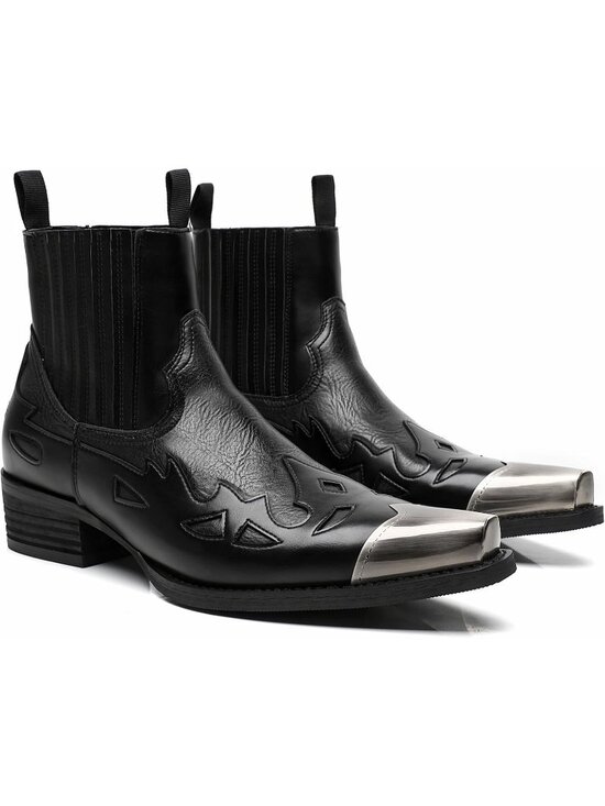 Men\'s Black Leather Steel Toe Low Top Pull On Elastic Band Wide Cuff Cowboy Boot main image 6